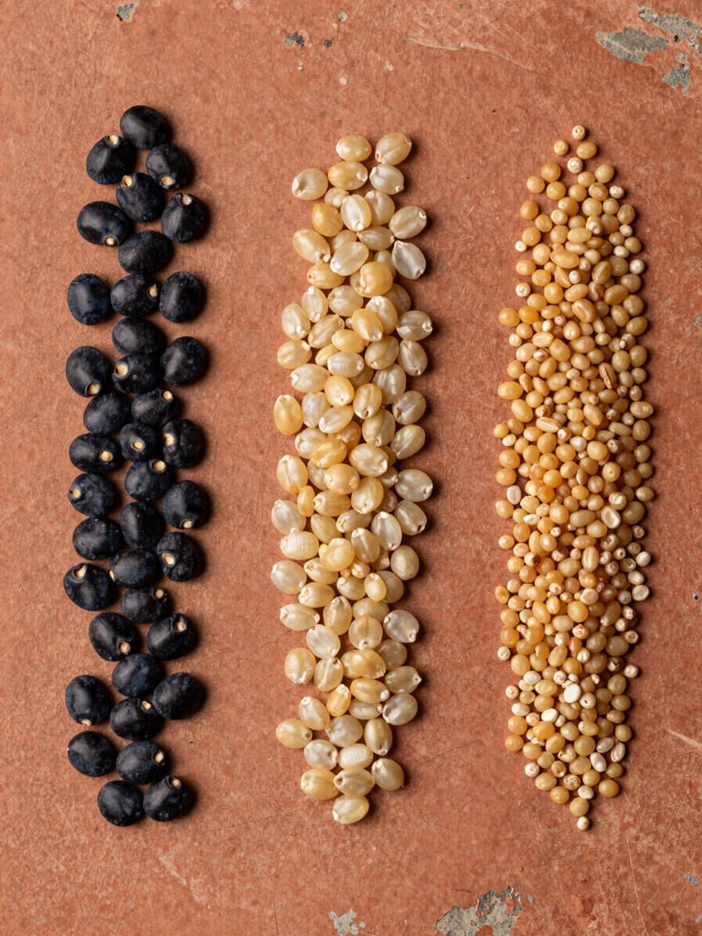 Extreme close-up overhead flat-lay of raw Egyptian agricultural grains and legumes arranged in simple rows on a weathered terracotta surface, documentary studio strobe lighting, texture and grain visible, no hands or people