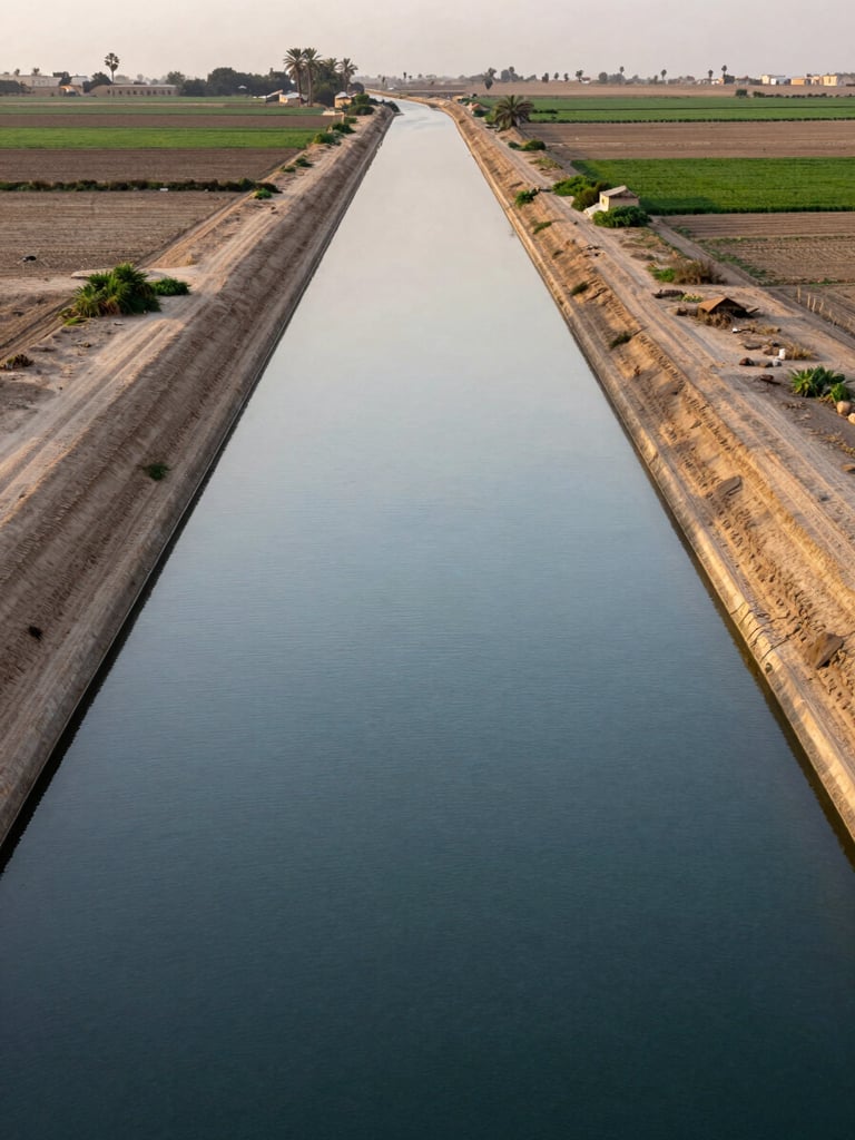 Panoramic documentary shot of an Egyptian Delta irrigation canal running straight through flat agricultural land, water surface reflecting overcast sky, earthen canal banks, crop fields on both sides extending to the horizon, no people, early afternoon natural light