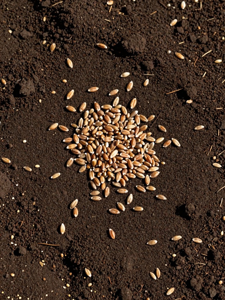 Extreme close-up overhead flat-lay of dark Nile Delta soil with raw grain kernels scattered across the surface under natural daylight, texture of earth clearly visible, documentary evidential framing