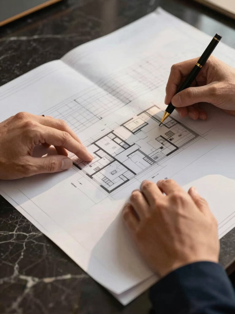 Close-up of premium materials, hands reviewing architectural blueprints on a dark marble desk, soft side lighting, professional and sophisticated atmosphere