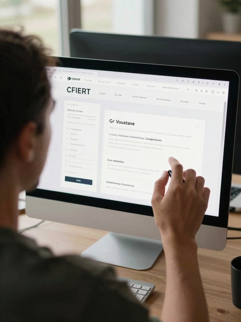 Over-the-shoulder view of a web designer working on a clean layout, soft natural window light, professional and calm atmosphere.