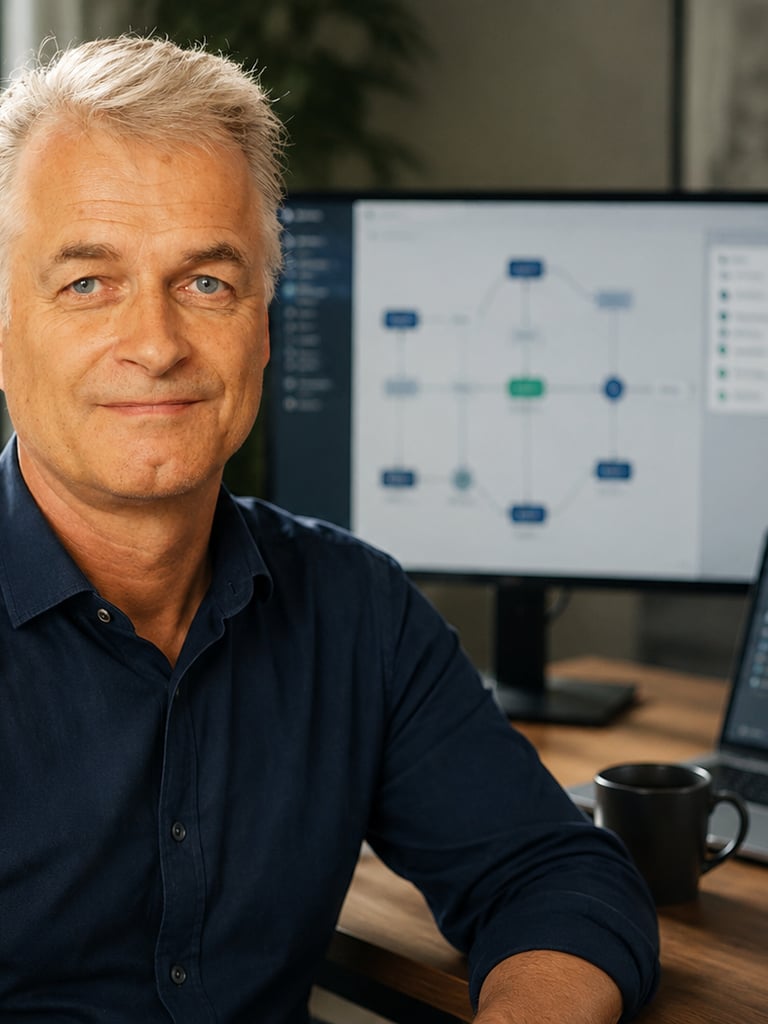Business practitioner, Mikko Mannila, using AI and a digital workflow map to structure work.