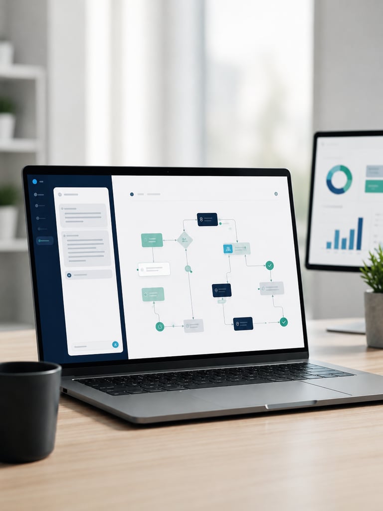 AI-assisted workflow design on a laptop with a digital process map.