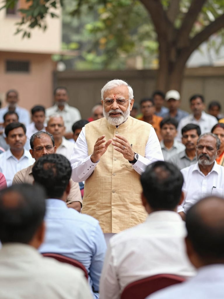 Professional documentary style photo of a modern leader guiding a community meeting in Jalgaon, Maharashtra, authentic daylight, warm natural tones, 35mm lens.