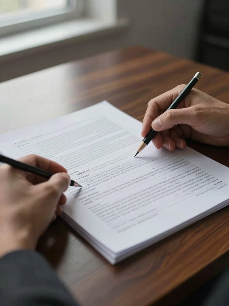 Close study of two hands reviewing a printed financial statement on a dark mahogany desk, pages partially annotated in pencil, cool north-facing window light falling across the paper from the left, minimal office background softly out of focus