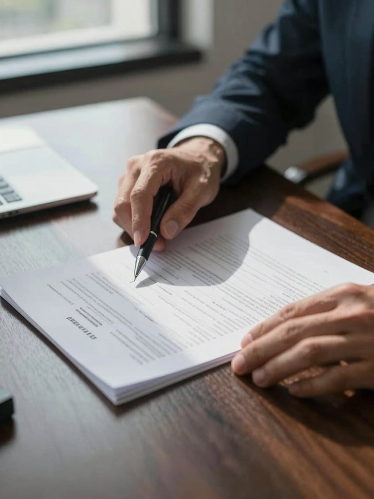Close study of a financial advisor's hands turning pages of a printed statement on a dark oak desk, cool north-facing window light casting clean shadows across the document surface, pen resting beside a margin annotation, no faces visible