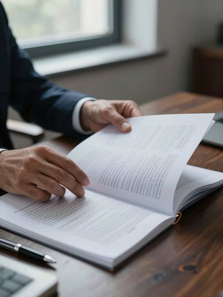 Close study of an advisor's hands turning pages of a financial statement on a dark wood desk under cool north-facing window light, documents spread across the surface, a pen resting at the edge, no faces visible