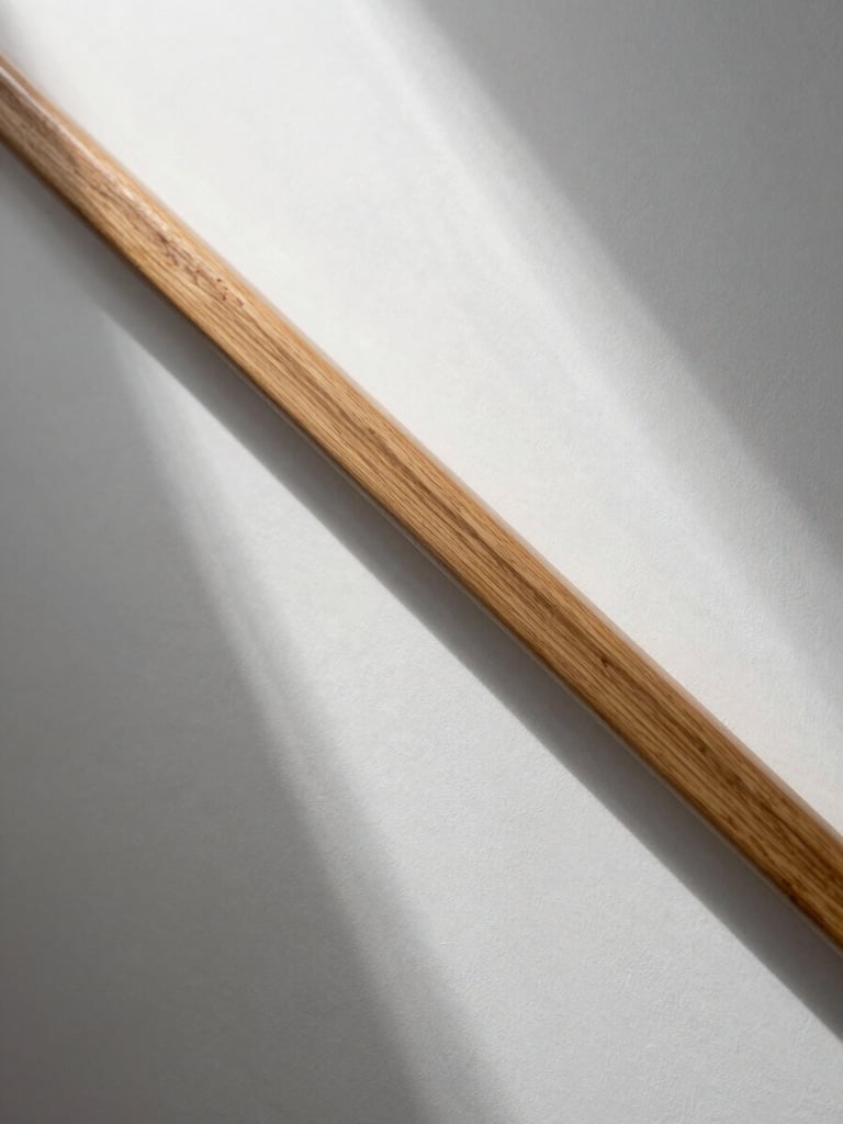 Portrait-oriented close study of a residential staircase detail — a solid oak handrail meeting a white plaster wall, natural window light from above casting a soft diagonal shadow across the wall surface, the grain of the wood visible and unhurried, no people, architectural eye-level framing, cool and precise.