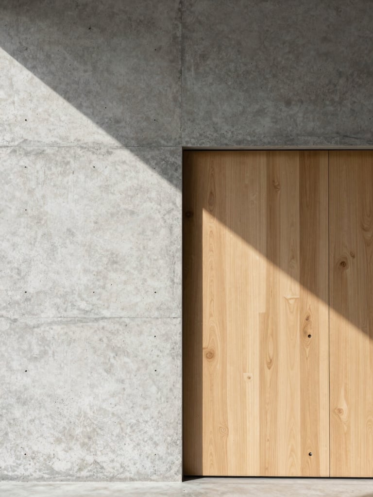 Wide architectural shot of a raw concrete wall meeting a pale oak panel, natural sidelight from an unseen window casting a precise shadow line across the joint, no furniture or objects in frame — material meeting material, shot at eye level