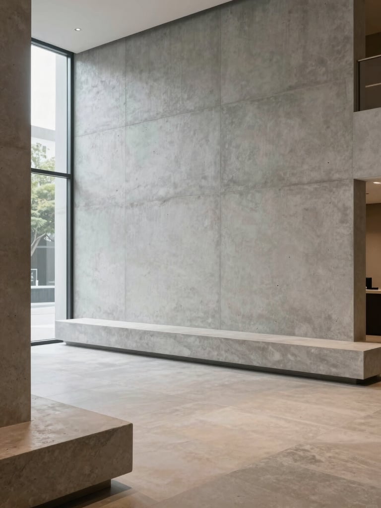 Wide environmental shot of a minimal commercial lobby interior, floor-to-ceiling concrete wall meeting a narrow band of natural light from a clerestory window at the far left, sparse seating in matte warm stone, shot from eye-level to emphasize vertical proportion and empty volume, cool natural daylight, no occupants