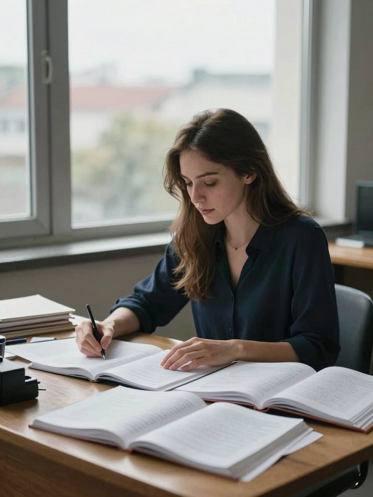 Wide environmental shot of a young woman seated at a cluttered wooden desk near a tall window, natural overcast light falling across open books and loose manuscript pages, her gaze directed downward at the text, unhurried and still