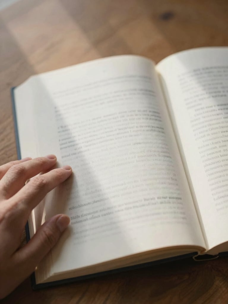 Close detail shot from above of open book pages on a wooden desk surface, a hand resting lightly on the left page, natural overcast window light raking across the paper grain, no text legible, quiet and functional
