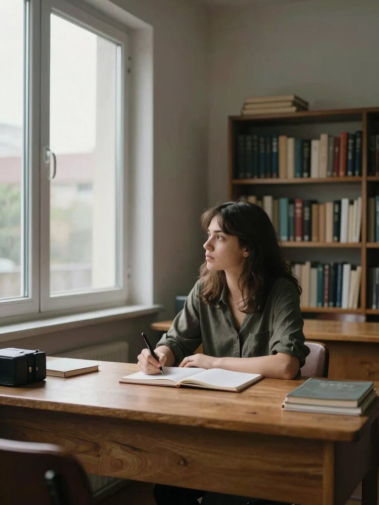 Environmental wide shot from left side of a quiet writing room, a young woman seated at a plain wooden desk near a tall window, natural overcast daylight falling across her face and open notebook, bookshelves lining the far wall, no eye contact, candid and still