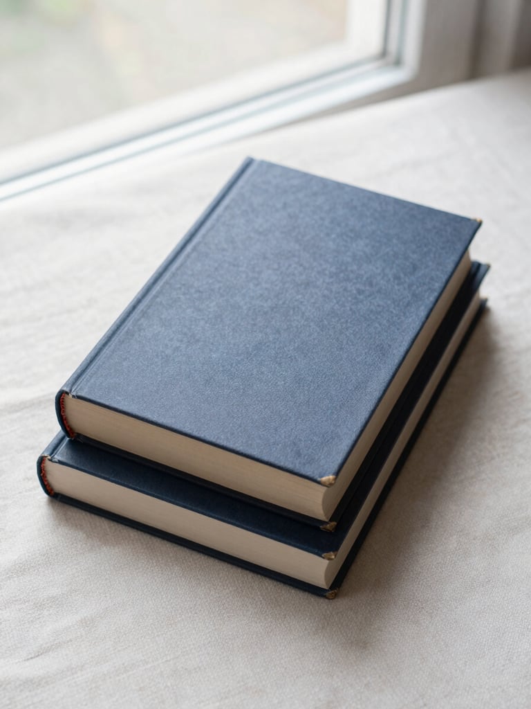 Close overhead shot of two hardcover books stacked on a pale linen surface, spines facing up, natural overcast window light, no shadows, spare and still