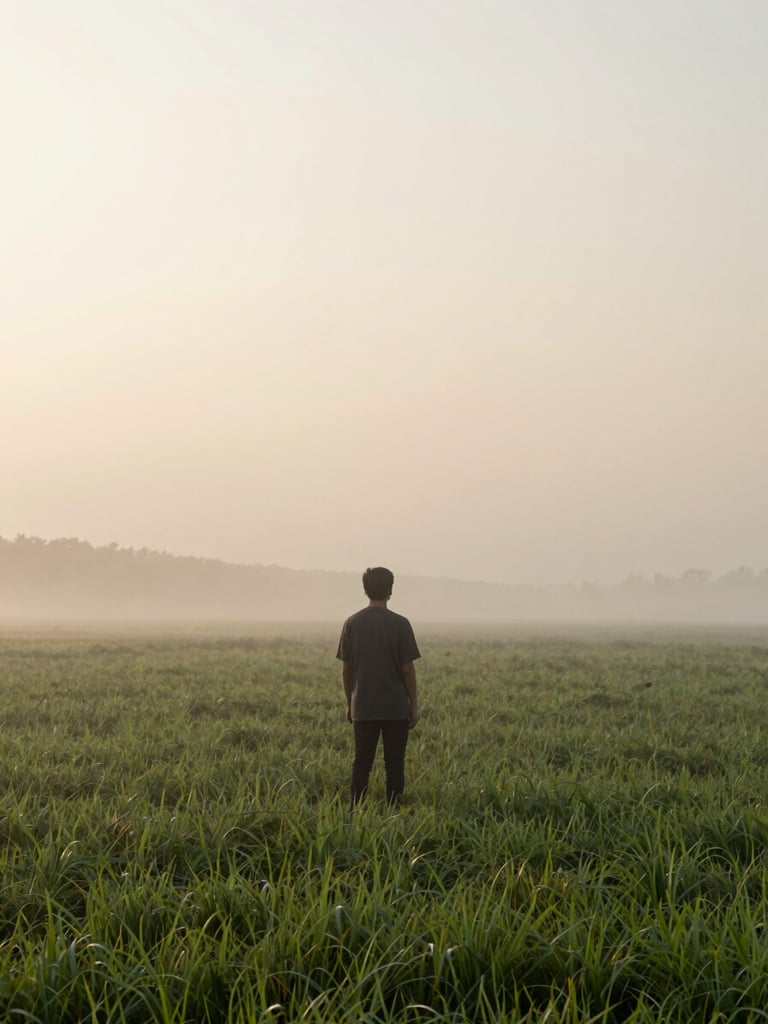 A solitary figure standing quietly on a misty, expansive green field at dawn, looking towards a soft horizon, calm atmosphere, muted earth tones, high-end editorial photography.