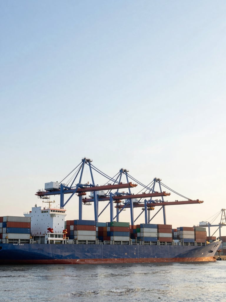 Wide panoramic shot of a modern, organized shipping port at dawn, container ships, cranes, clear sky, industrial scale, clean commercial photography.