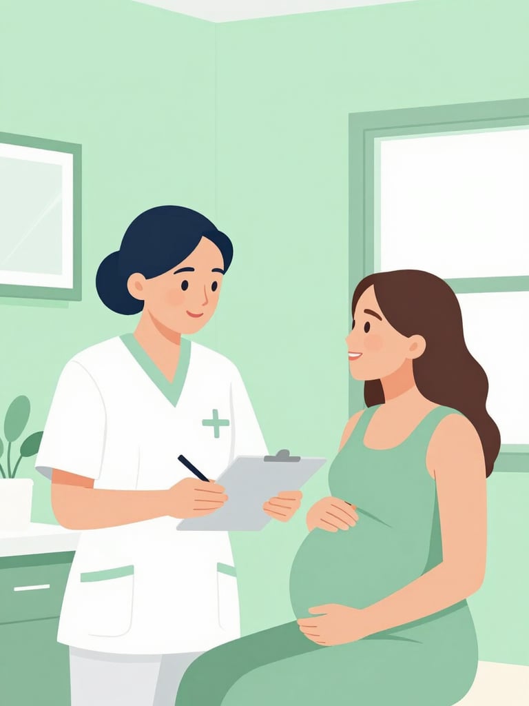 A friendly local Indonesian midwife in a clean green clinic setting consulting a smiling pregnant mother, soft warm daylight, natural composition