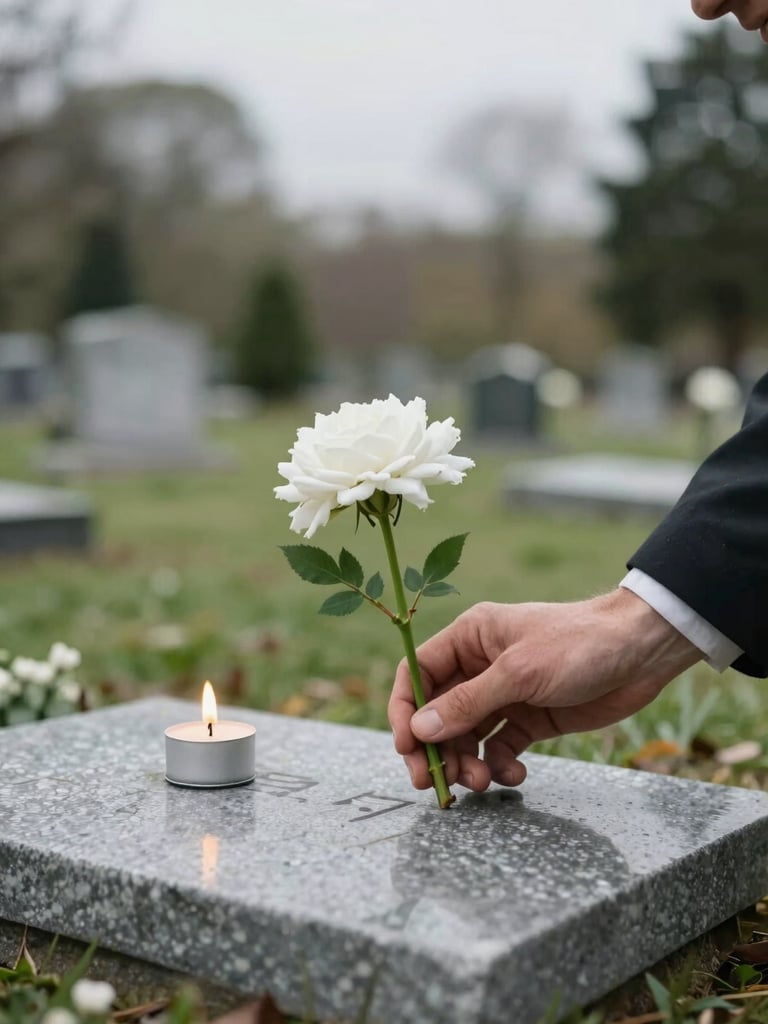 Hands placing a single stem of white flowers against a clean grave stone in a quiet cemetery, a small lit candle beside it, overcast natural light, muted greens in the background