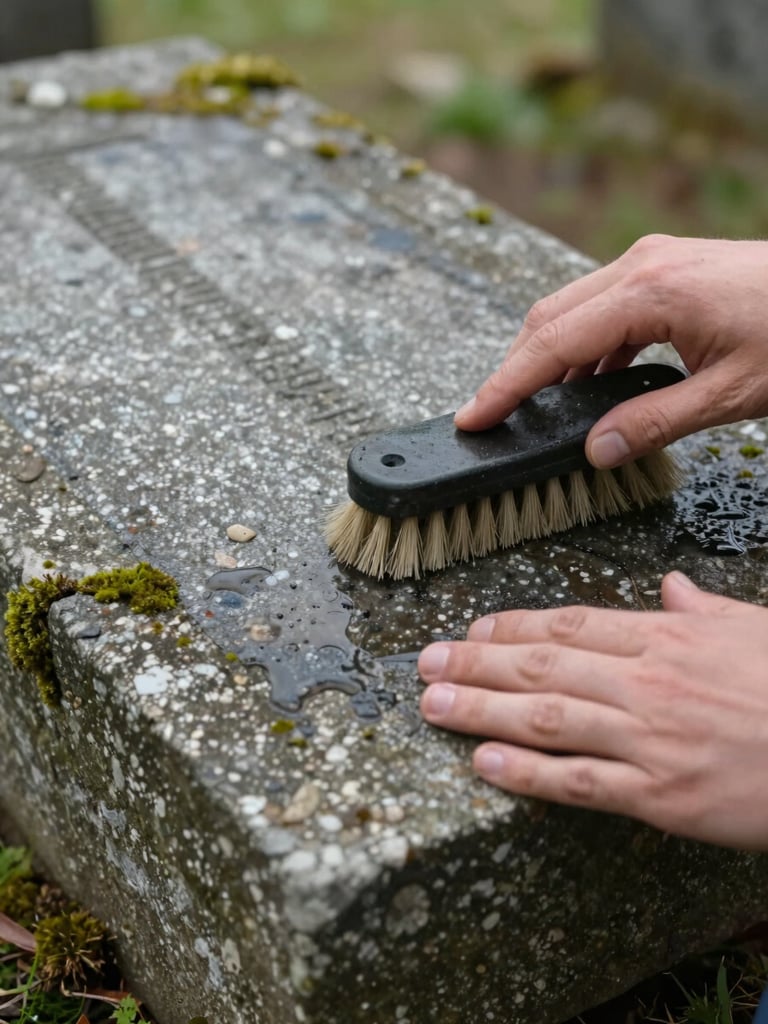 Close-up of weathered stone grave surface being gently cleaned with a soft brush, water visible on the stone surface, natural green moss at the edges, overcast light, hands in frame