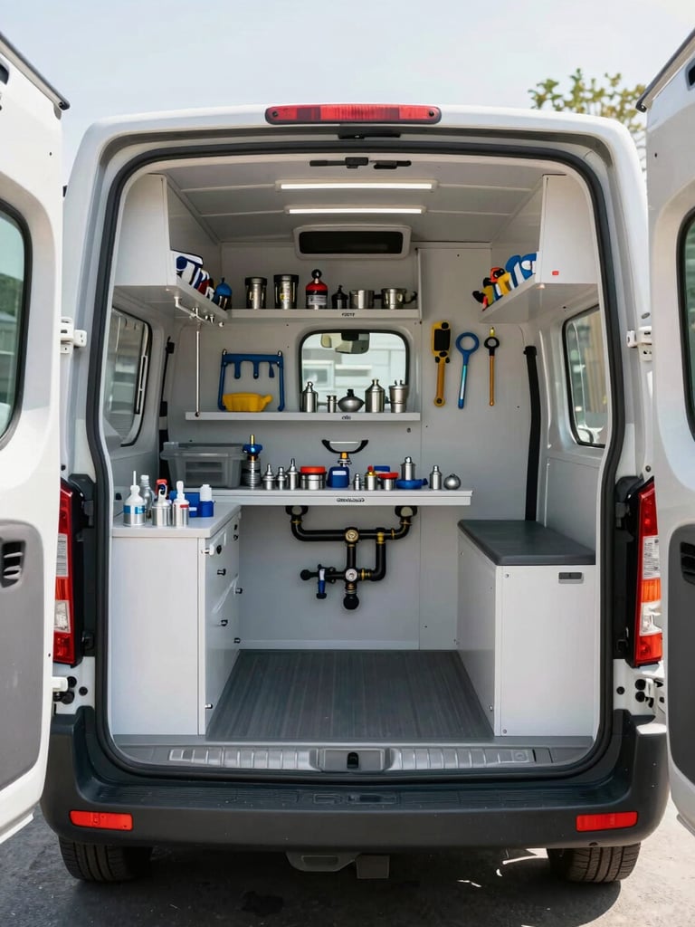 Interior of a well-organized plumbing service van, tools and fittings arranged in labeled slots along the walls, clean and ready, shot from inside the open rear doors under bright daylight, no people visible
