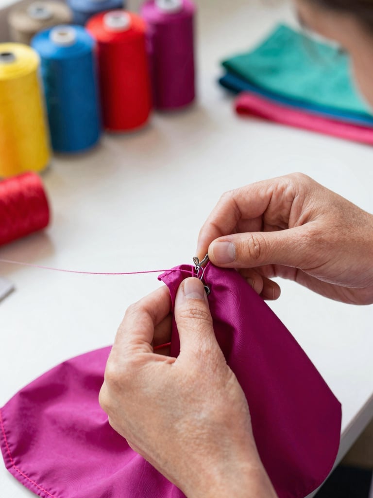 Close-up of hands sewing a custom magenta pet garment in a bright Celaya workshop, colorful threads and fabrics in the background.