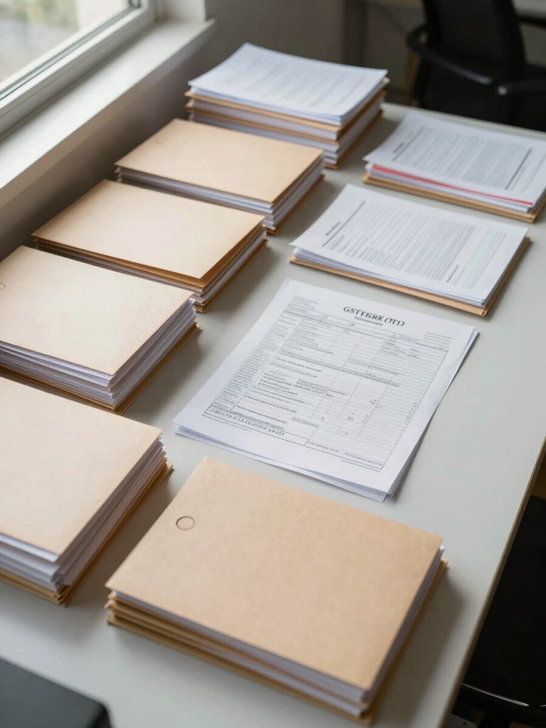 Overhead view of a neatly organized office desk, stacks of tax filing folders arranged in rows, a printed GST return form visible in the center, cool natural daylight from a window to the left, clean and orderly