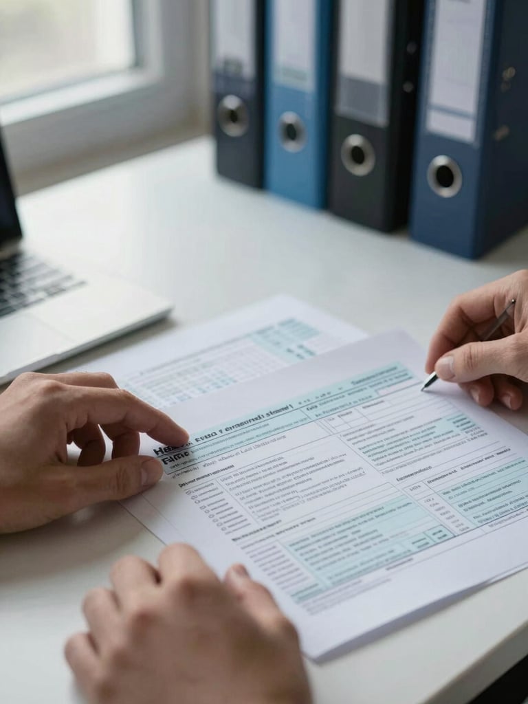 Close-up of hands carefully arranging printed income tax return documents on a clean desk, cool natural window light from the side, organised file tabs visible in the background, shallow depth of field, no faces