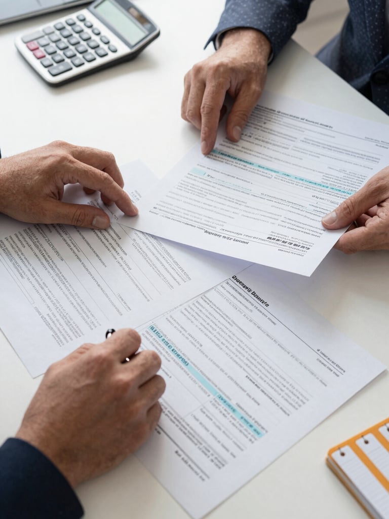 Medium shot of a professional's hands spreading out multiple quarterly tax planning documents across an organized desk surface, a calculator and labeled file tabs visible at the edge, overcast natural daylight illuminating the forms with even, shadow-free detail