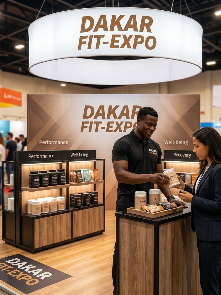 Stand d'exposition premium de fitness et nutrition sportive lors de l'événement Dakar Fit Expo au Sé
