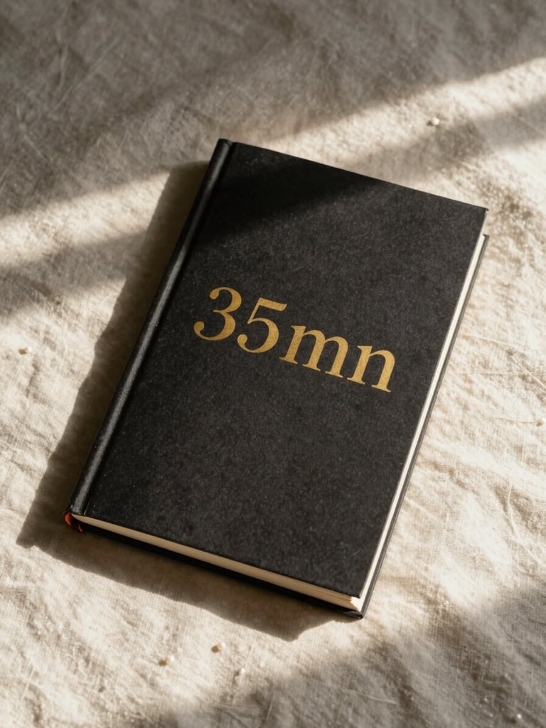 Elegant flat-lay of a physical book with a dark cover and gold lettering on a pearl-colored linen surface, warm editorial lighting, 35mm