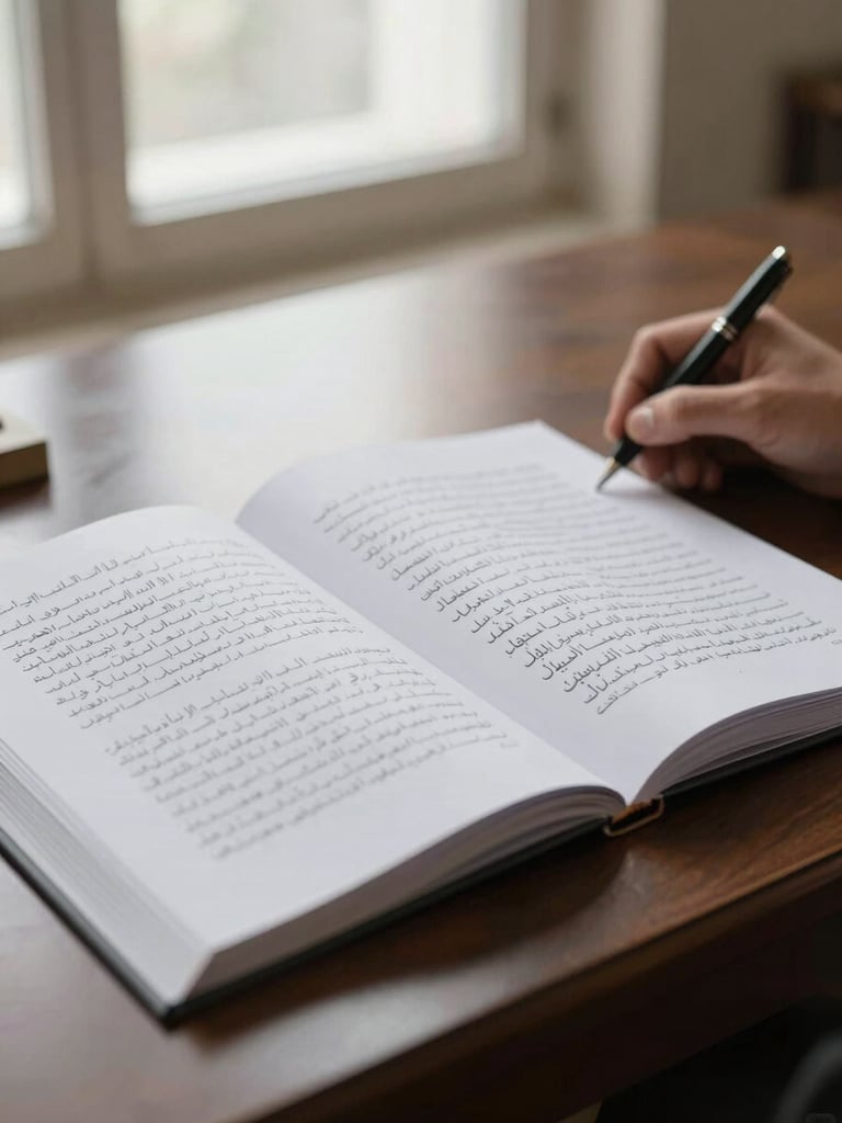 Wide institutional desk surface, an open constitutional document with Arabic legal text visible under diffused natural window light, a hand resting near the margin with a pen, spare and formal composition, no faces