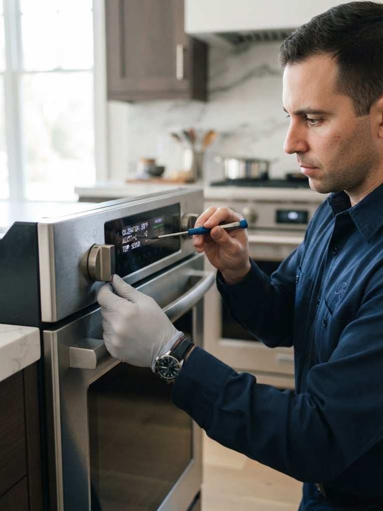 Close-up of a technician in a clean navy blue uniform calibrating a premium built-in oven control panel, bright daylight, crisp focus, 35mm