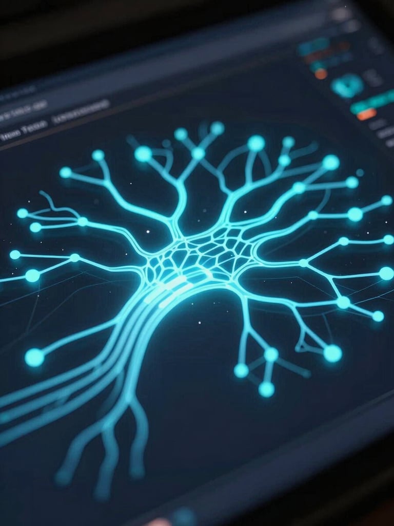 Macro shot of an elegant dark user interface displaying complex neon-cyan data pathways and glowing neural nodes, low-key dramatic backlighting, high contrast.