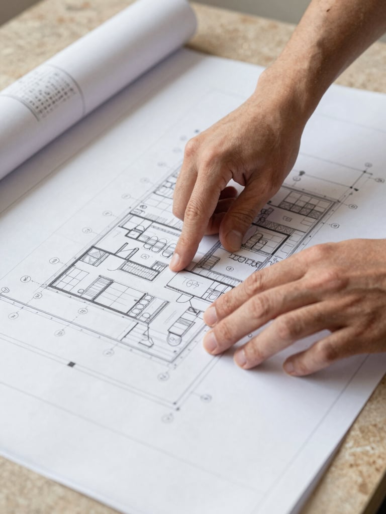 Close-up of an architect's hands reviewing a detailed site plan on a drafting table, soft natural daylight, focused on technical blueprints