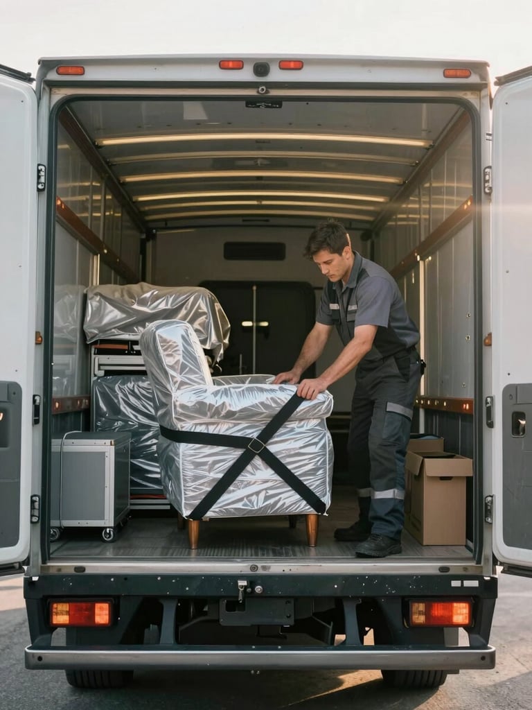 Wide environmental shot, morning daylight from open truck bay doors, a technician in work uniform carefully securing a wrapped armchair with heavy-duty straps inside a fully equipped moving truck, organized blanket-covered furniture visible in background, clean loading area