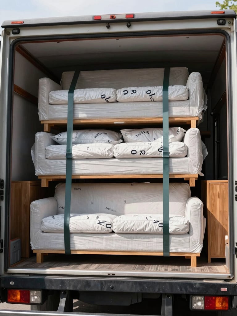 Close-up wide environmental shot from low angle, interior of an open moving truck cargo hold in bright daylight, neatly stacked wrapped furniture pieces secured with professional strapping belts, protective blankets visible on sofa panels and wooden cabinet corners, natural light streaming through the open rear door, organised loading with clear spacing between items