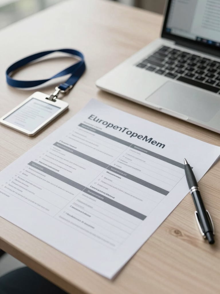 Close-up overhead shot of an operations manager's desk in a European office — printed onboarding checklists, a laptop open to a compliance dashboard, a lanyard with an ID badge resting beside a pen, neutral studio daylight from a high window