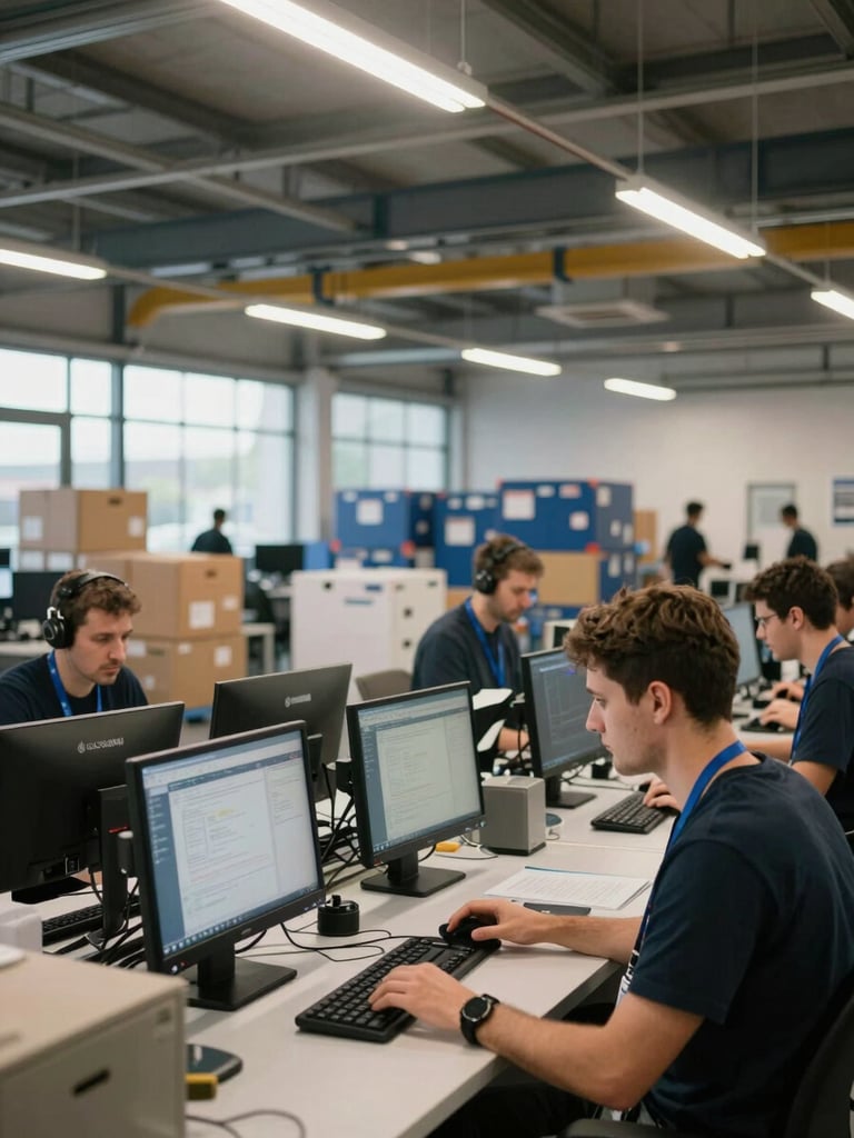 Wide environmental shot of a modern European logistics hub interior, workers at digital workstations in the foreground, ID badge lanyards visible, overhead fluorescent and natural side-light, organized operational infrastructure in the background, documentary framing