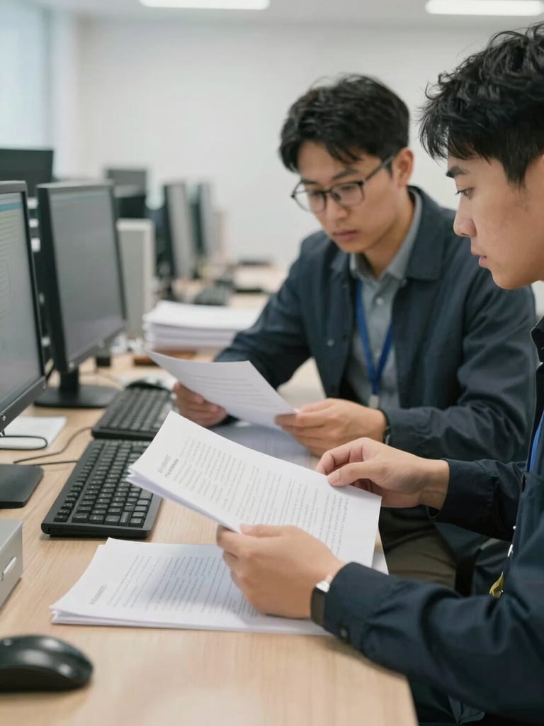 Wide environmental shot of two workers at an open-plan office workstation, reviewing documents together under neutral daylight, focus on hands and papers, documentary framing, cool natural light, no eye contact with camera