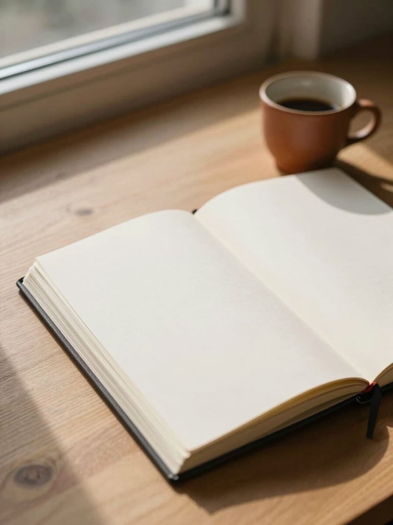 Close-up of open notebook resting on bare wooden surface, morning light from a window falling across the pages, a small clay cup beside it, generous negative space to the left