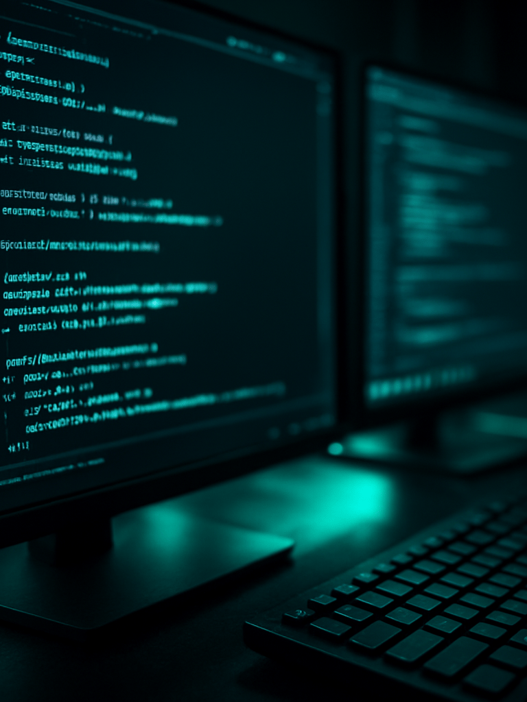 Extreme close-up of a developer workspace with multiple monitors displaying lines of clean Kotlin code, dramatic neon backlighting, high-contrast teal reflections