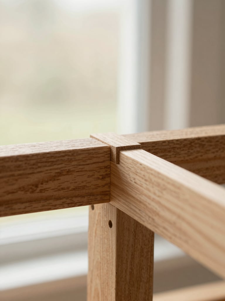 A close-up of a custom mortise and tenon joint in light oak wood, soft natural window light, warm minimalist aesthetic, shallow depth of field, 35mm