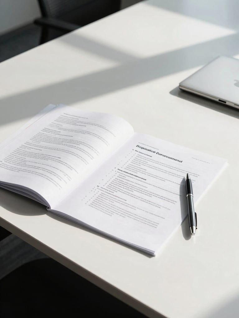 Wide shot of a structured corporate workspace, overhead view of open compliance documents spread across a white conference table, a single pen resting beside a printed regulatory framework, north-facing daylight casting clean shadows, no people visible