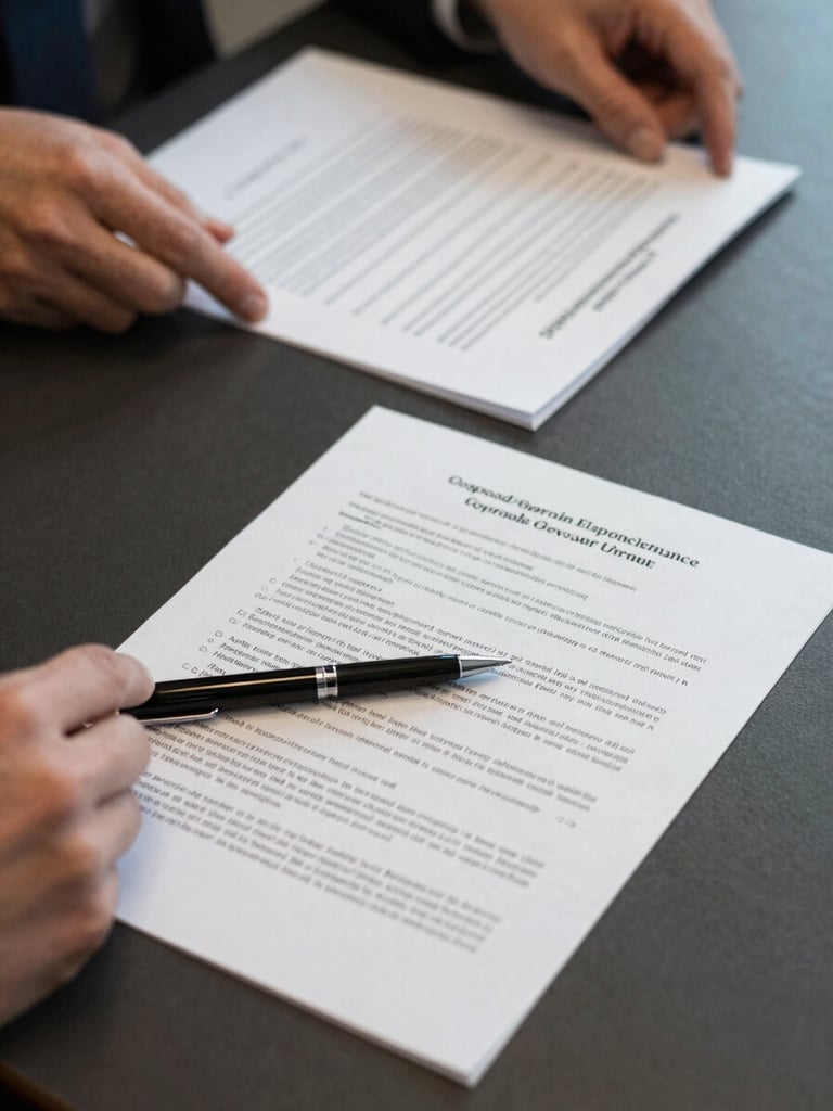 Close-up overhead shot of corporate governance documents spread on a dark conference table, a pen resting on a clause-dense page, hands partially visible reviewing a second document, controlled studio lighting, crisp and documentary
