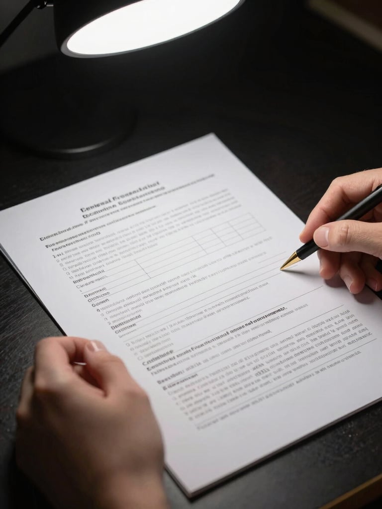 Close-up detail of hands reviewing a printed fiscal compliance document on a dark desk, studio strobe lighting from above, crisp shadows on paper edges, no faces visible, austere documentary framing