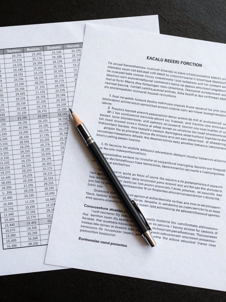 Flat-lay overhead of a structured financial model printout on a dark desk — columns of figures, a legal clause document partially overlapping, a mechanical pencil resting at the intersection of both documents, studio lighting from above, sharp and legible detail, no hands or faces