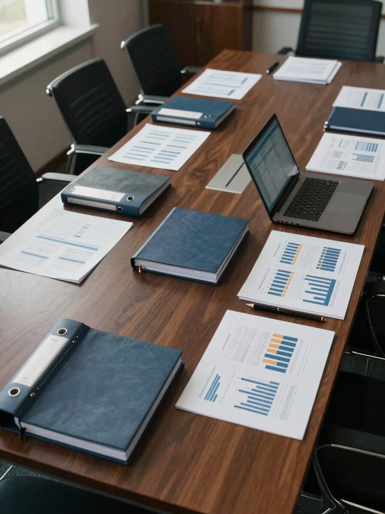 Wide environmental shot of a structured corporate meeting room, overhead view of a long table with organized legal binders, printed financial models and a laptop displaying a dashboard, indirect daylight from left, no people, architectural precision
