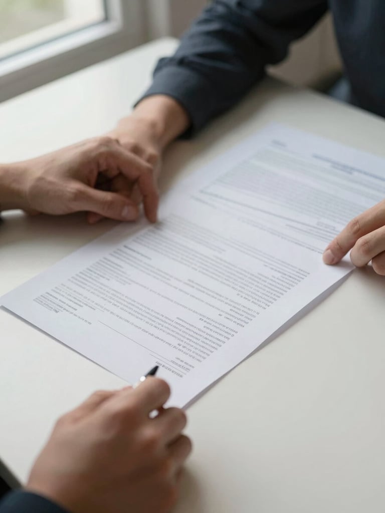 Close-up overhead flat-lay of hands reviewing printed business paperwork on a pale desk, natural window light from upper left, a pen resting between documents, crisp shadows emphasising document edges, selective focus on a signature line at the bottom of one form, clean minimal workspace with no clutter