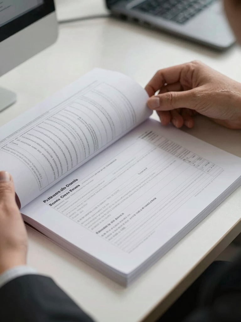Desk-level documentary shot of an open bank application form on a clean surface, a business owner's hand turning a page, soft studio daylight from above, high contrast on printed form text, neutral office environment in soft focus behind