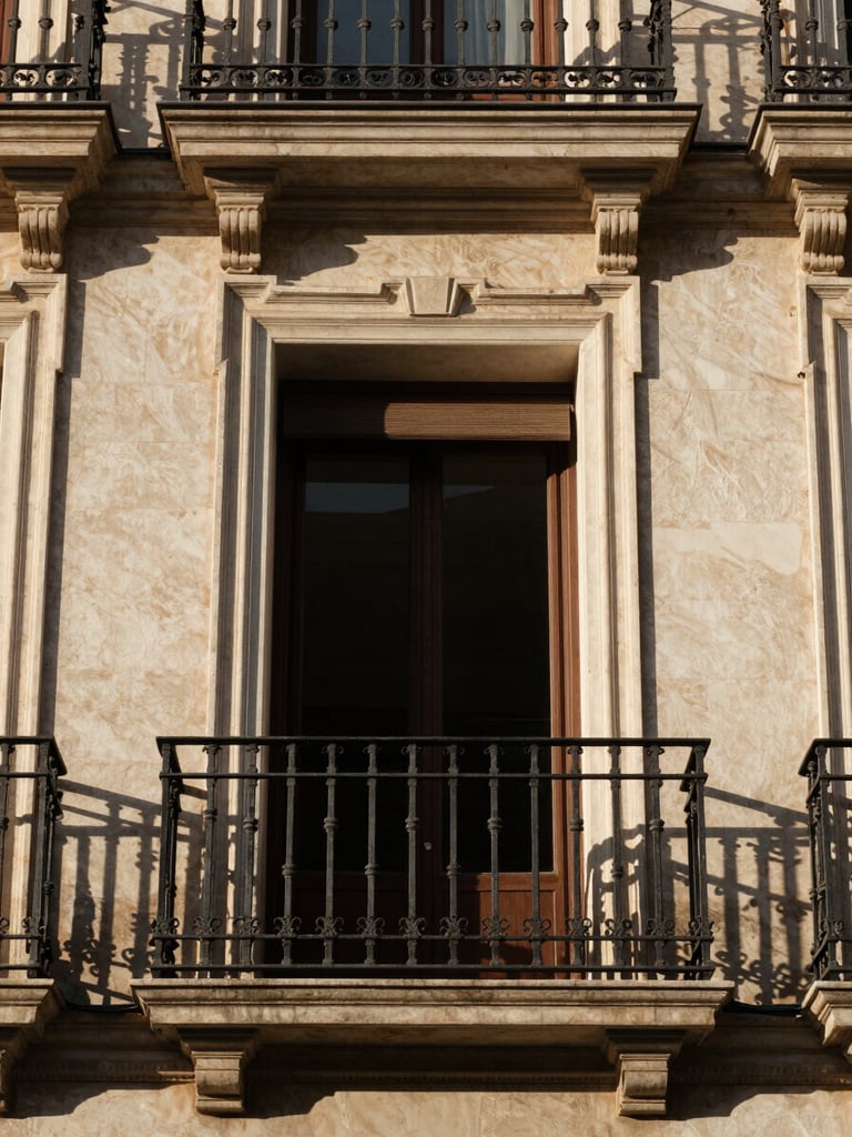 Straight-on architectural shot of a sunlit Madrid balcony with wrought-iron railings, warm afternoon light illuminating high plaster moldings inside, classic and elegant.